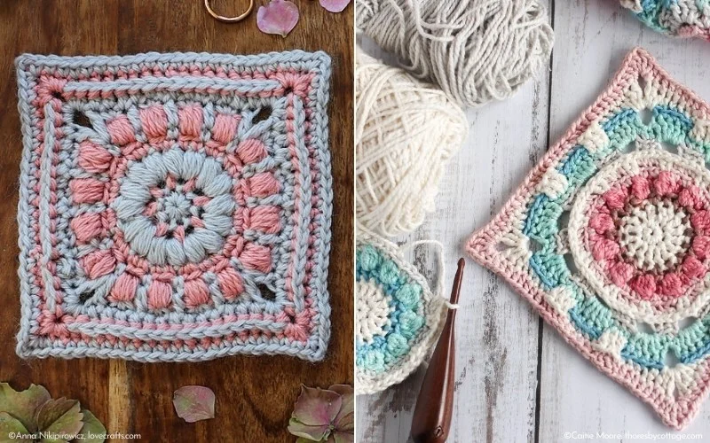 Displayed side by side are two charming crochet squares in pastel hues. One boasts a floral design in pink and gray, while the other showcases circular patterns in coral, teal, and cream. These delightful pieces are perfect additions to any collection of free crochet flower granny square patterns. Balls of yarn visible.