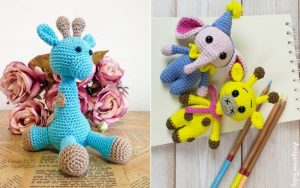 Crocheted amigurumi giraffe and snail grace the left, while a plush elephant, giraffe, and unicorn sit to the right, surrounded by colored pencils. Discover free patterns for a charming collection of handmade delights.
