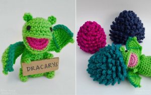 Two crochet images: Left, an amigurumi dragon holding a "Dracarys" sign. Right, a crochet dragon with pink and purple eggs using free patterns.