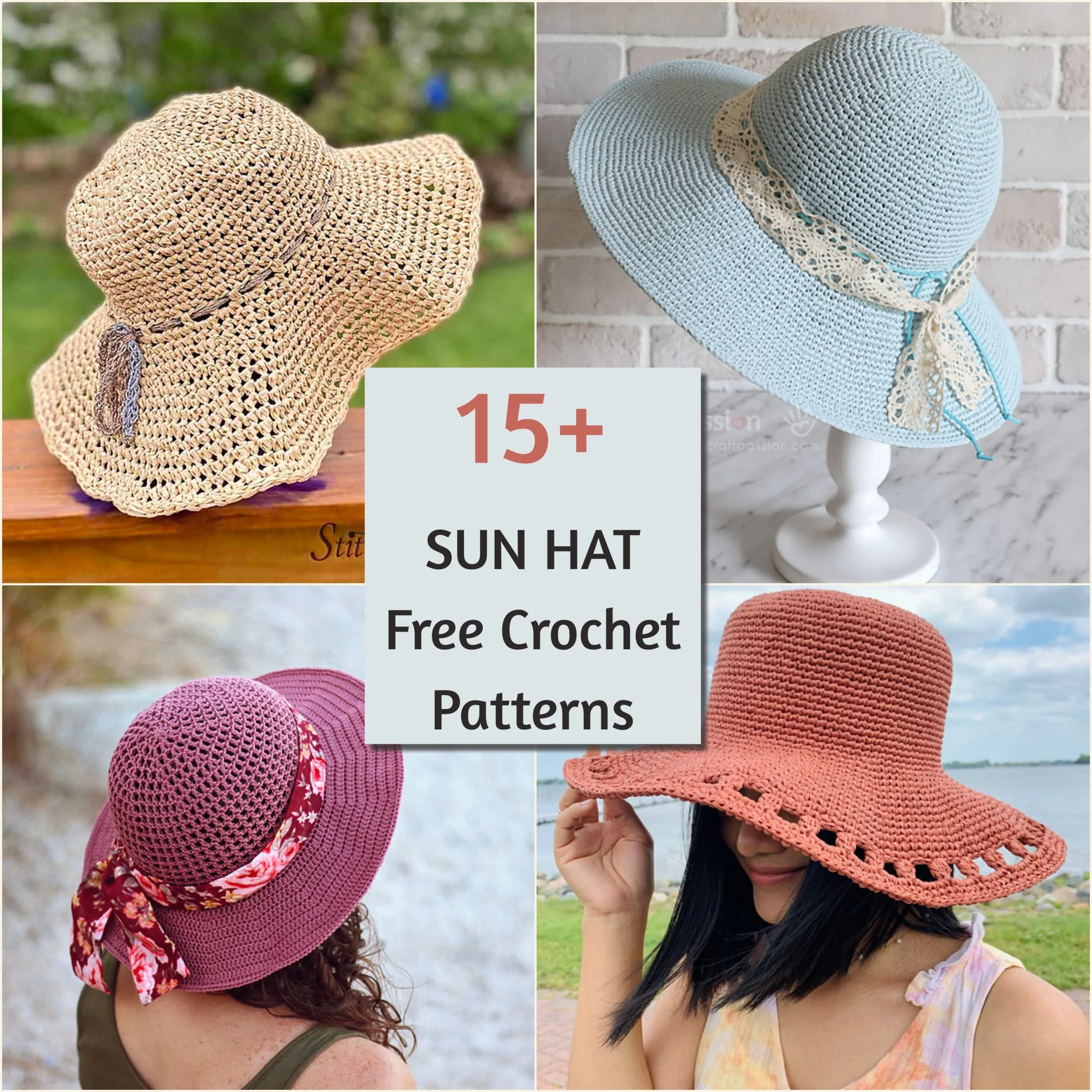 Collage of four crocheted sun hats in various colors and styles, with a text overlay reading "15+ SUN HAT Free Crochet Patterns"—perfect for anyone searching for free crochet sun hat patterns.