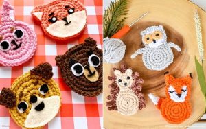 Crocheted animal face coasters, including a fox, bear, and owl, are displayed on a checkered surface and a wooden board. They sit alongside crochet tools, yarn, and free crochet applique patterns to inspire your next creative project.