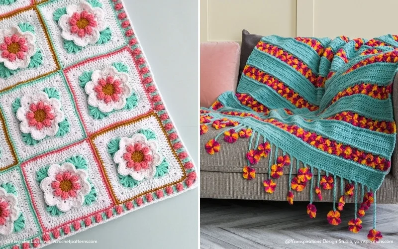 Two exquisite crochet blankets are displayed. The first, a flower crochet blanket, features intricate floral motifs. The second boasts vibrant striped patterns with fringe accents. Both showcase an explosion of colors that celebrate the art of crochet.