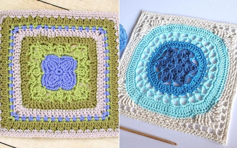 Two crochet squares resemble vibrant Afghan Blocks: one with green, blue, and purple patterns, and the other with blue and white. A crochet hook rests beside them, inviting creativity. Explore free crochet patterns to craft your own unique designs.