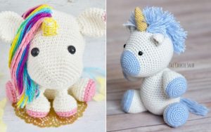 Two adorable amigurumi unicorns: one flaunts a multicolored mane and pink hooves, while the other dazzles with blue mane and hooves, both set against textured backgrounds. Perfect for those who love free crochet patterns to bring mythical creatures to life.