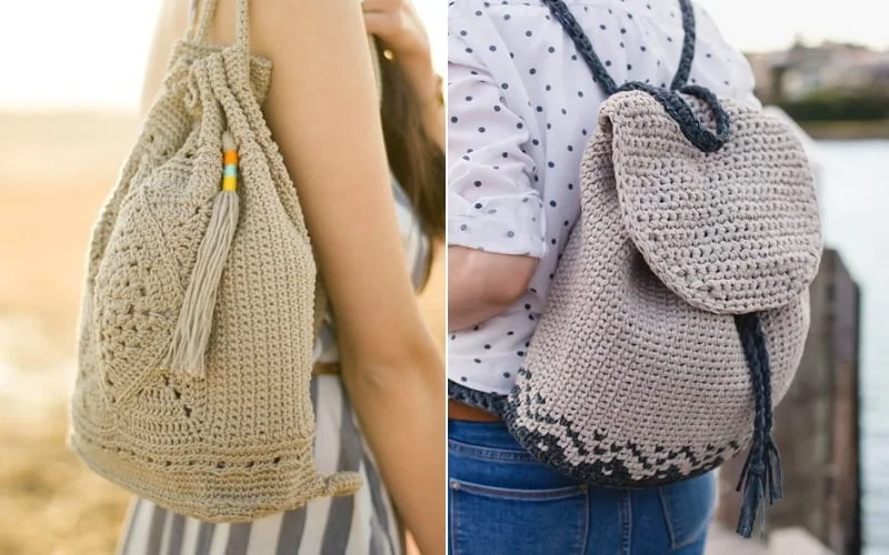 Side-by-side photo of two people sporting crocheted summer backpacks; one boasts a playful tassel, while the other showcases a contrasting pattern on the bottom. Get inspired with these free patterns to create your own stylish crochet backpacks.