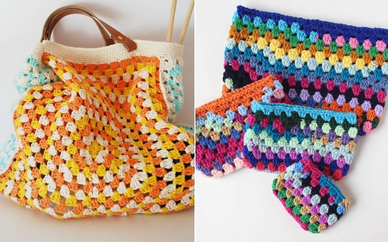 Crocheted items: a multicolored granny square blanket and granny bags on the left; various pouches crafted from free crochet patterns on the right.