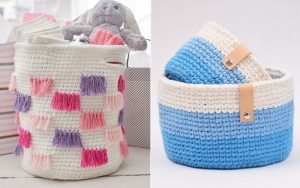 Discover two charming crochet baskets: one featuring pink and purple fringe details, perfect for holding clothes and a stuffed rabbit, and a stylish blue-and-white basket with leather handles. Explore free patterns for endless crochet ideas to spark your creativity.