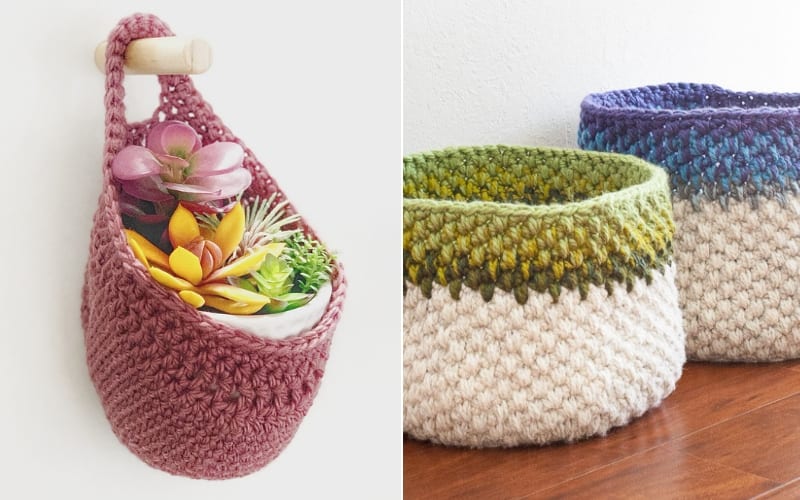 Discover the charm of crochet baskets in your home: one hangs gracefully on the wall with vibrant succulents, while two others sit stylishly on the floor in soothing green and blue shades. Explore these creations and bring a cozy touch to any space.