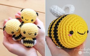 Two images: Left displays three small bee amigurumi snugly in a hand. Right features a larger crocheted bee with wings resting in a palm, inspired by creative crochet ideas.