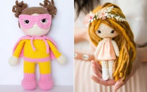 Two knitted amigurumi dolls: one in a pink superhero outfit with a cape and goggles, the other in a pink dress with long hair and a flower headband, held in someone’s hands, showcasing the charm of crochet patterns.