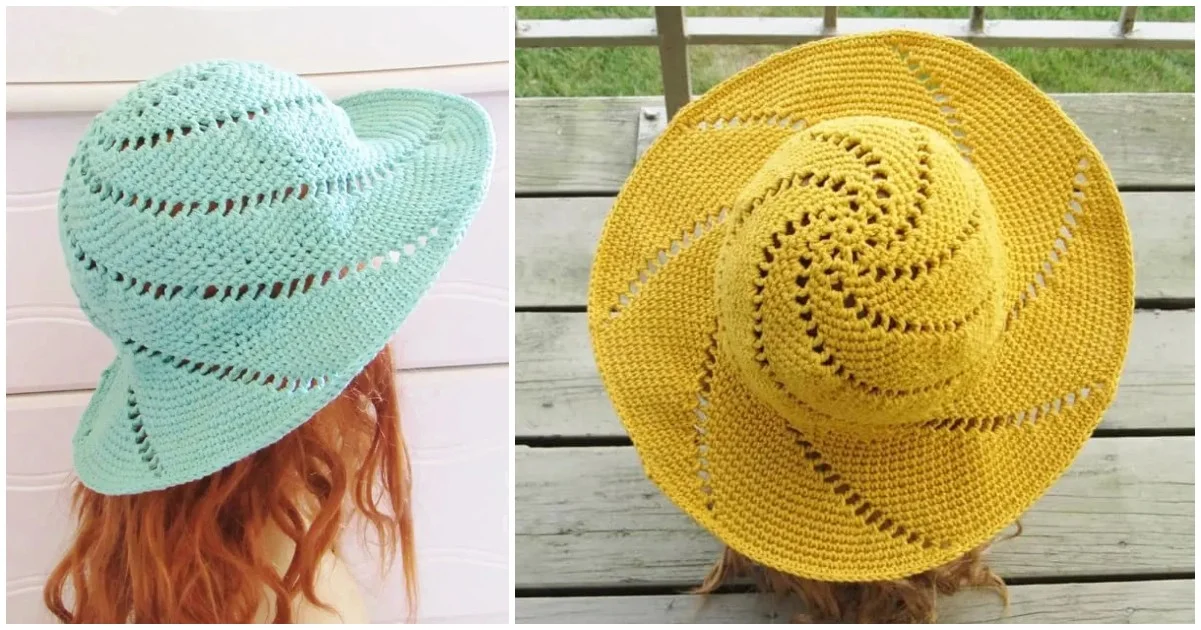 Two crochet sun hats on display: a light blue one on the left and a yellow one on the right, each featuring a delightful crochet sun hat pattern with a spiral design.