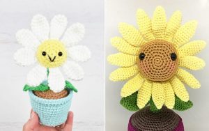 Two delightful crocheted flower toys: on the left, a white flower with a smiling face nestled in a blue pot, reminiscent of charming potted flowers; on the right, a cheerful yellow flower smiles brightly. Ideal for those seeking inspiration from free patterns.