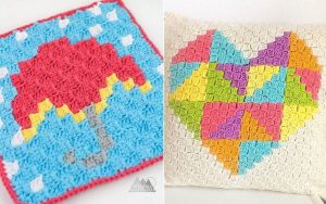 Discover vibrant crochet projects with these free patterns: a stunning C2C crochet umbrella design on the left, and a multicolored heart design on the right.