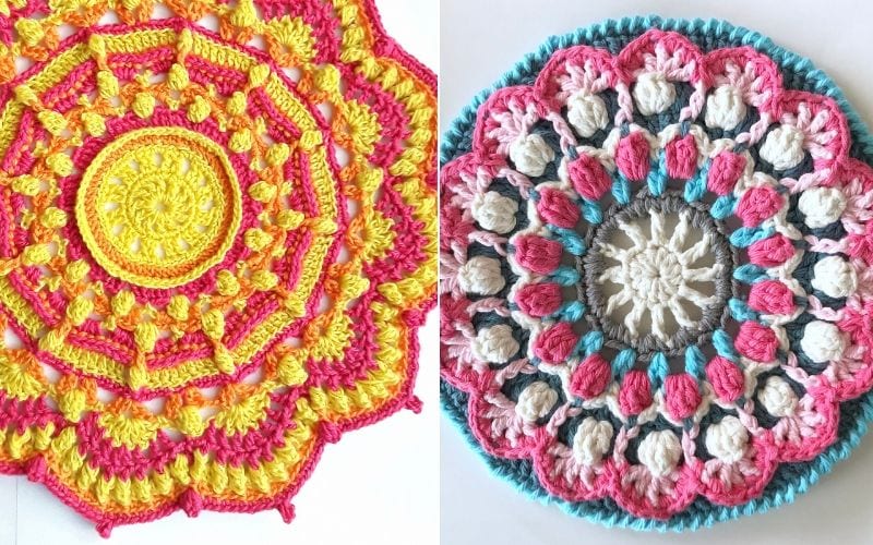 Two crochet mandalas: the left is yellow and pink with a sunburst pattern, and the right is pink, white, and teal with a floral design. Dive into happy crochet with free patterns to create your own vibrant mandalas.