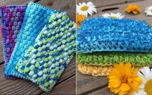 Two images of colorful crocheted scarves are artfully displayed on wooden surfaces, surrounded by scattered yellow and white flowers. Explore these vibrant pieces and discover free patterns to inspire your own crochet creations.