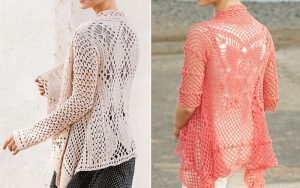 Two images display women in exquisite lace cardigans, showcasing intricate floral patterns: one beige with long sleeves and the other pink with quarter sleeves. These crochet designs are perfect for those seeking inspiration, boasting a delicate charm that captivates.