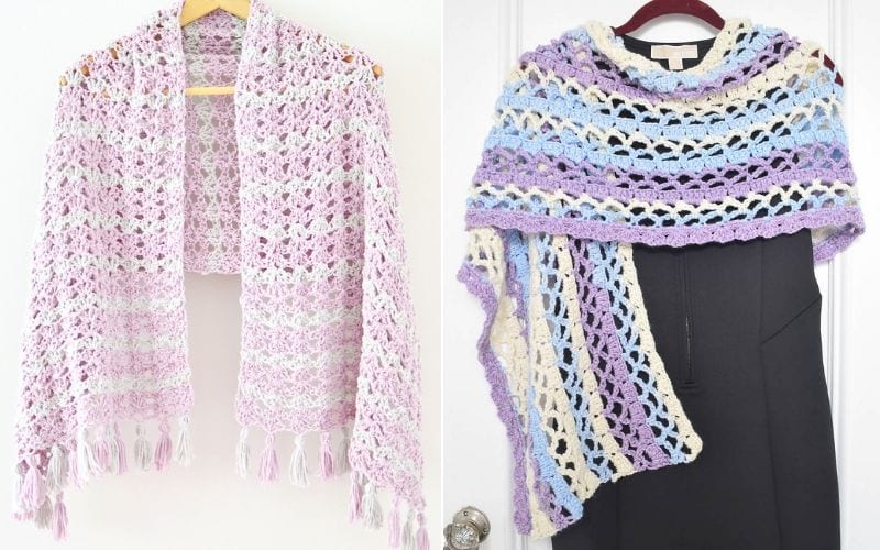 Two crochet shawls: one in light pink with tassels, and another in lilac and pastel stripes draped over a black dress.