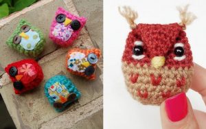 Handmade owl crafts displayed; on the left, colorful fabric owls with button eyes; on the right, a crocheted owl held between fingers—a perfect example of Lucky Charm Amigurumi Owls using free crochet patterns.