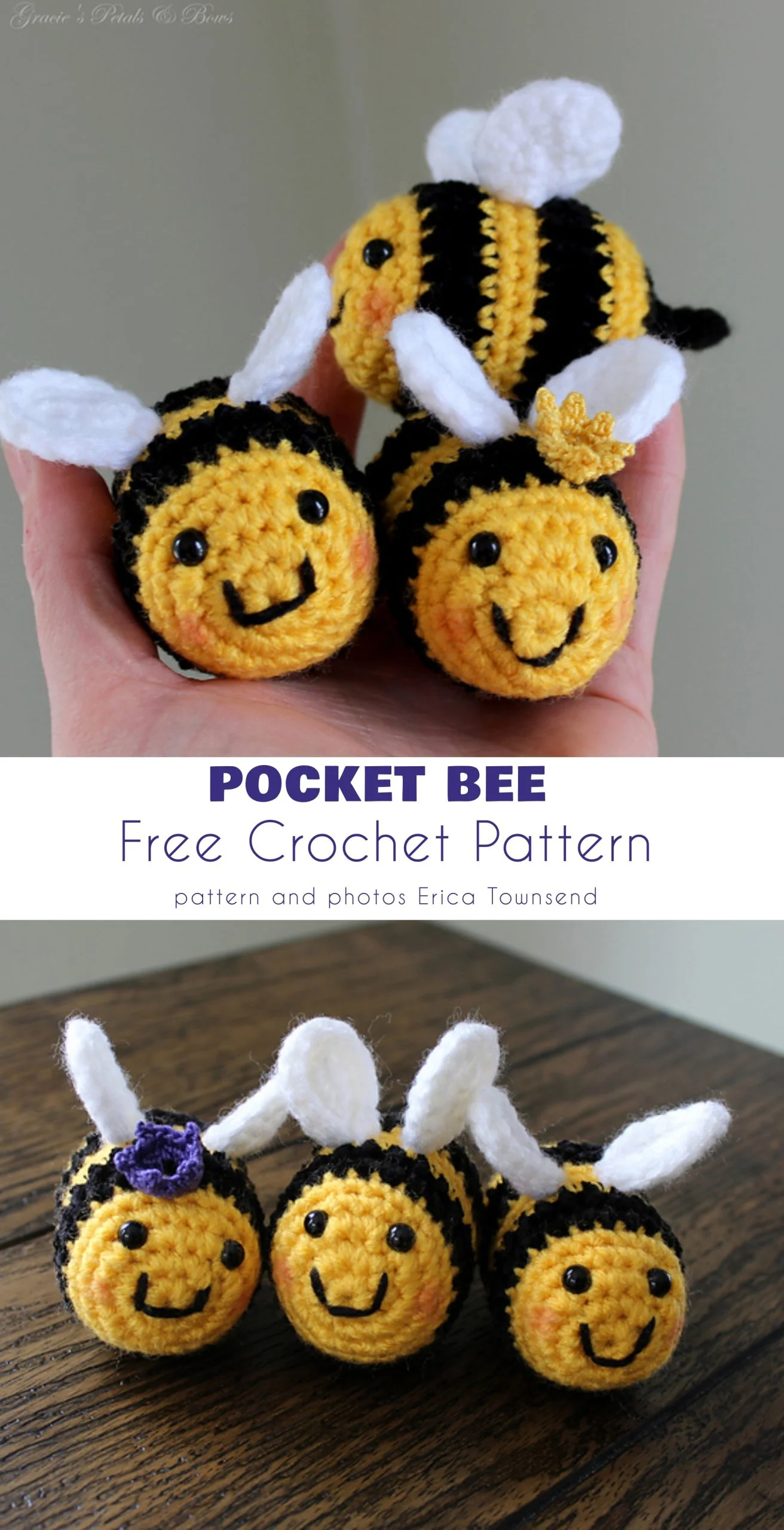 Four Bee Amigurumi toys with black and yellow stripes, white wings, and smiling faces are displayed on a wooden surface. The image showcases a free crochet pattern perfect for making your own adorable bee crochet creations.