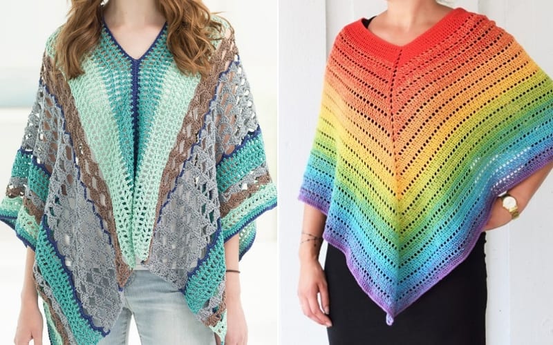 Two women showcase vibrant crochet ponchos. The left one, with teal, brown, and light blue tones, exemplifies the art of light crochet. The right poncho presents a striking gradient from red to purple. Explore free patterns to craft these colorful designs yourself.