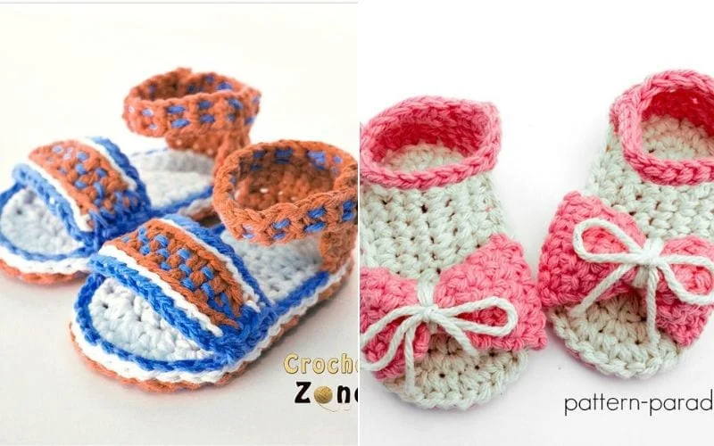 Two adorable pairs of crocheted baby sandals to inspire your next project. On the left, a charming blue, white, and orange design with straps. On the right, sweet pink and white sandals adorned with bows. Perfect for creating using free crochet patterns!