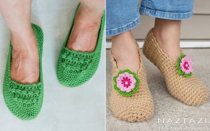 Two images of crochet slippers: one pair is green with a simple design, while the other is beige adorned with pink and green flower accents. Perfect for summer lounging, these stylish crochet slippers come with free patterns to inspire your next crafting project.