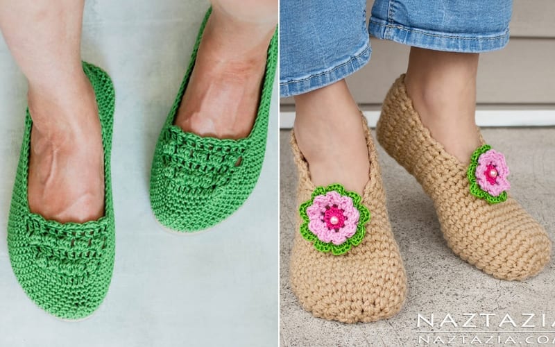 Two images of crochet slippers: one pair is green with a simple design, while the other is beige adorned with pink and green flower accents. Perfect for summer lounging, these stylish crochet slippers come with free patterns to inspire your next crafting project.