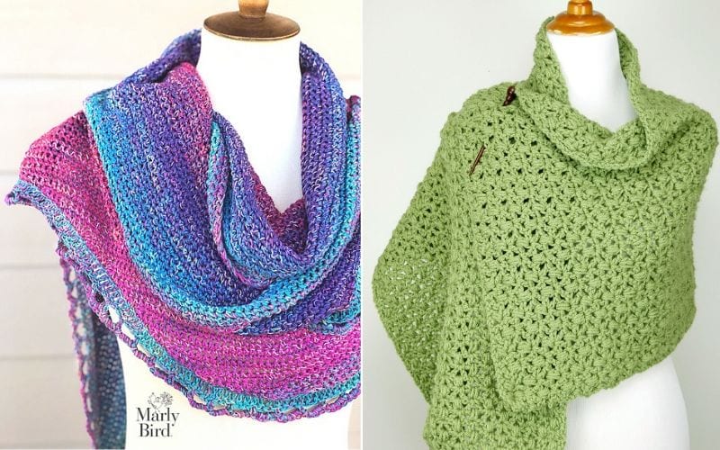 Two mannequin dress forms proudly showcase crochet shawls: one with a multicolored, wavy pattern, and the other in a solid light green boasting a textured design.