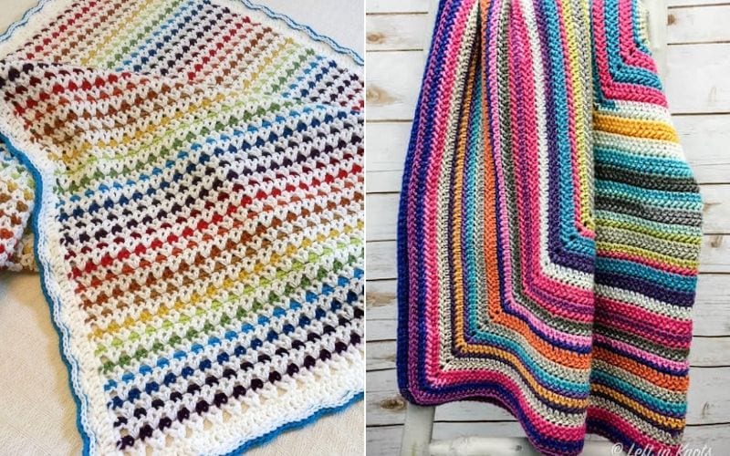 Two colorful crochet throws: one with a vibrant diagonal stripe pattern and the other with multicolored rows, both displayed against a light wooden background. These cozy blankets bring warmth and charm, perfect for those seeking free patterns to replicate the colorful stripes at home.