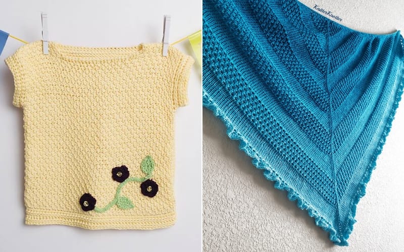 A yellow knit top with a floral design on the left pairs beautifully with a blue knitted triangular shawl on the right, showcasing intricate Tunisian crochet techniques. Perfect for those seeking free patterns to inspire their next cozy project.