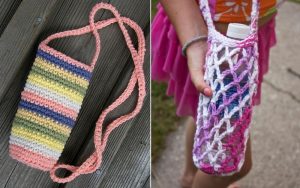 Explore our two handmade crochet water bottle holders: one boasts horizontal stripes in pastel colors, while the other features a charming pink and white netting pattern. Perfect for DIY enthusiasts seeking free patterns to craft their own unique designs.