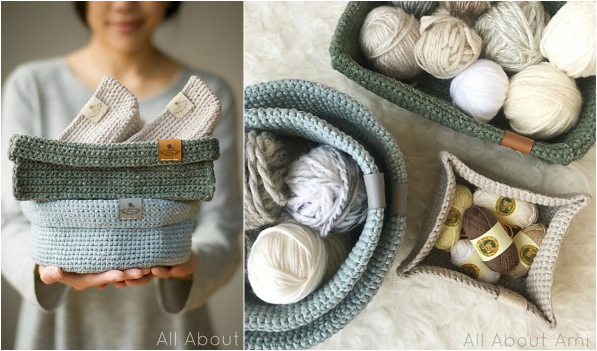 A person holds a stack of knitted baskets. On the right, various knitted baskets with balls of yarn are arranged, showcasing a free crochet pattern that complements the cozy scene.