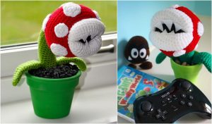 A crocheted Piranha Plant, inspired by Mario Bros, features white spots and sharp teeth in a green pot, resting beside a Wii U controller and a game case.