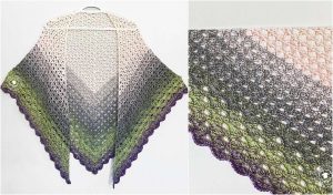Displayed on a hanger, this crocheted triangular shawl features a stunning gradient from cream to green. The close-up detail highlights its intricate stitch pattern, reminiscent of an elaborate free crochet pattern.