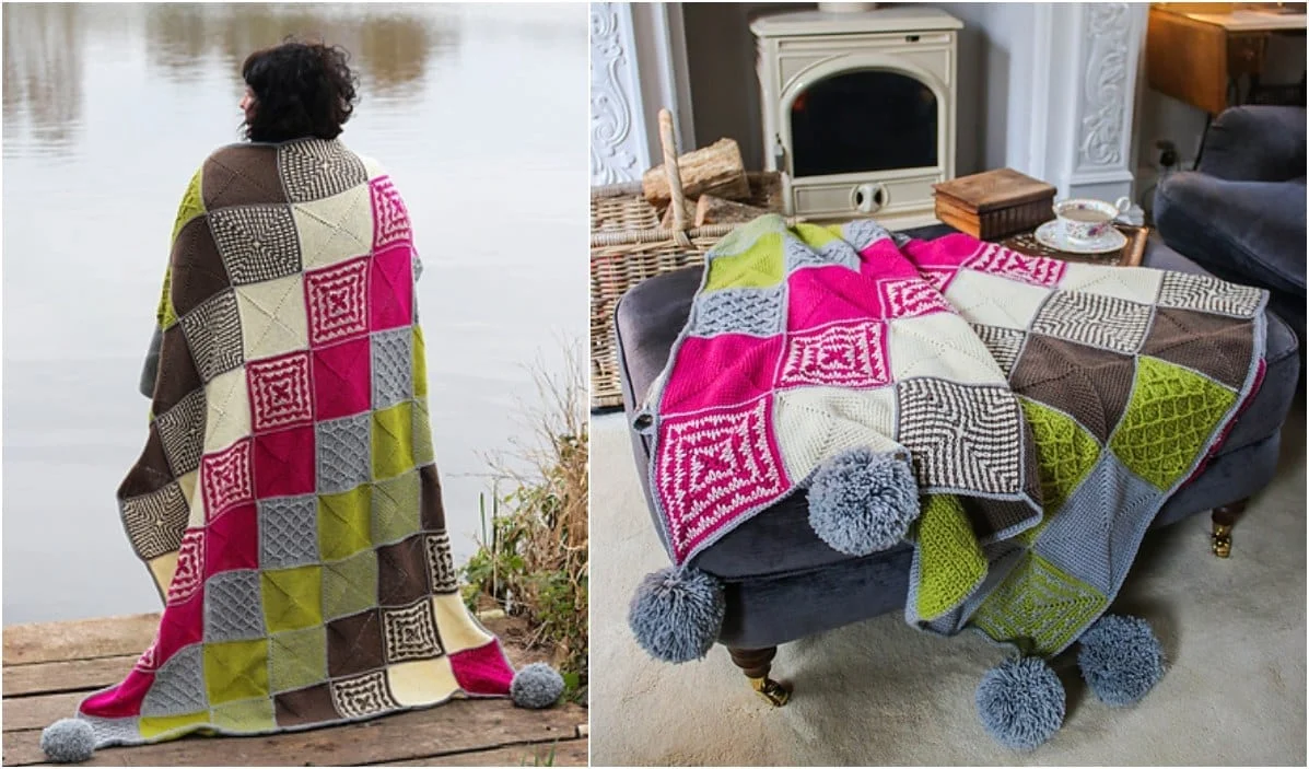 A person wrapped in a colorful patchwork blanket sits by a lake, reminiscent of the free crochet pattern seen online. Another similar blanket with pom-poms is draped over a sofa in a cozy Bolderwood room.