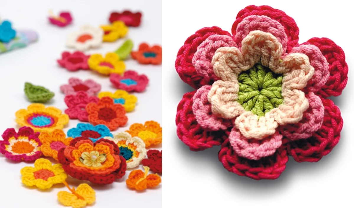 Colorful crocheted flowers are scattered on the left, with a larger, detailed flower in pink, red, and green on the right, showcasing exquisite crochet patterns.