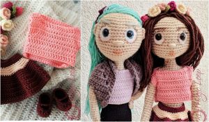 Two crocheted dolls with colorful hairstyles and floral headbands wear pink and brown outfits. Beside them are matching crocheted clothes and shoes on a textured surface, crafted with love from a free pattern.