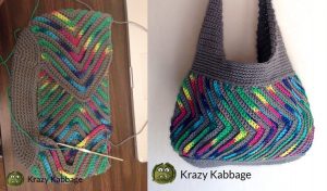 Two images: on the left, a colorful knit project with chevron patterns in progress; on the right, the completed chevron purse with the same design, featuring a gray handle.