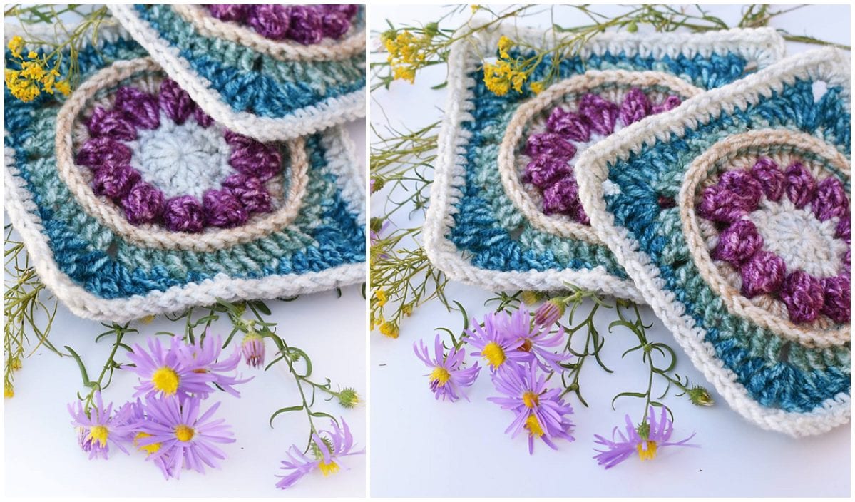 Crocheted square coasters with purple and teal patterns, inspired by a Ferris Square design, are placed on a table adorned with small purple and yellow flowers.