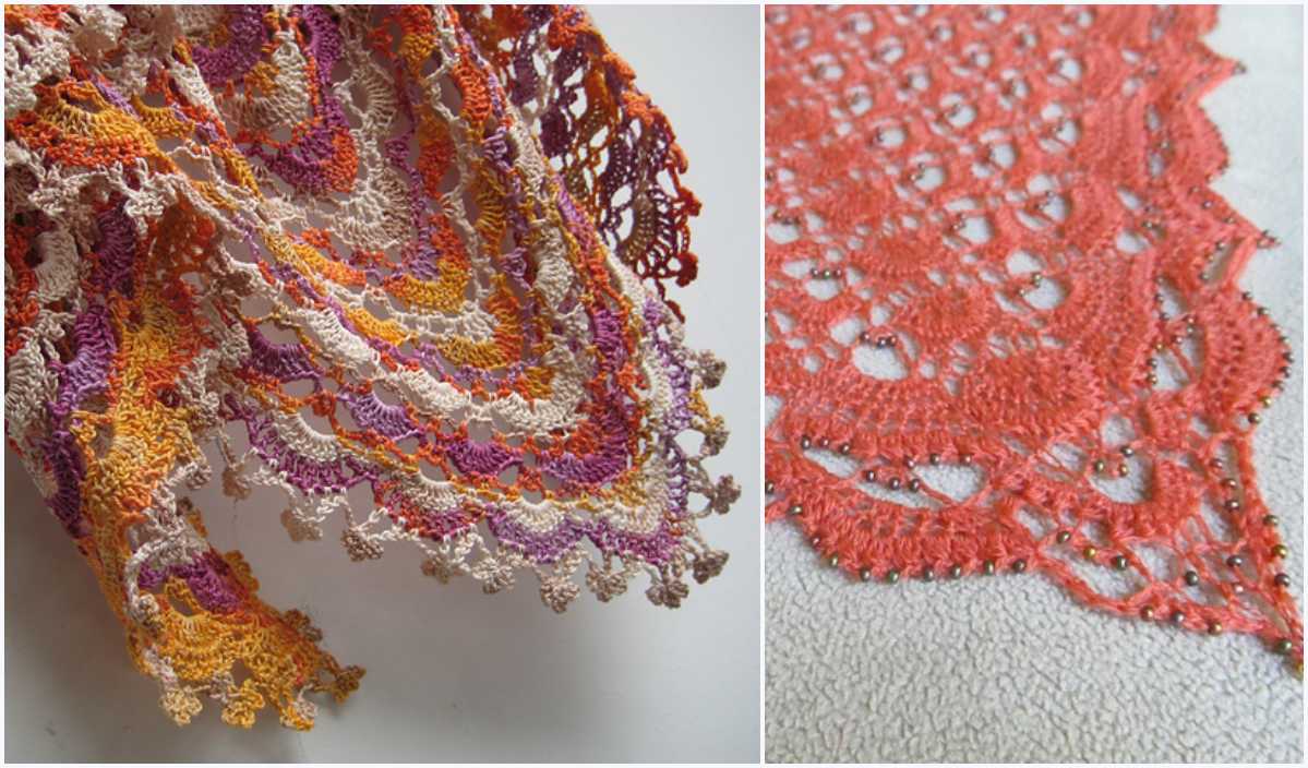 Two close-up images of crochet work: the left showcases a vibrant Fritillary Shawl with multicolored yarn in orange, purple, and beige; the right reveals an intricate coral lace pattern adorned with small beads.