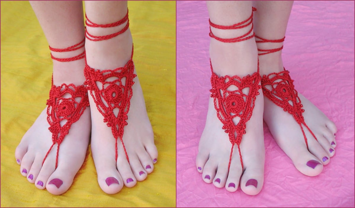 Feet adorned with red crochet barefoot sandals, reminiscent of a goddess's grace, feature ankle straps against a vibrant yellow and pink backdrop.