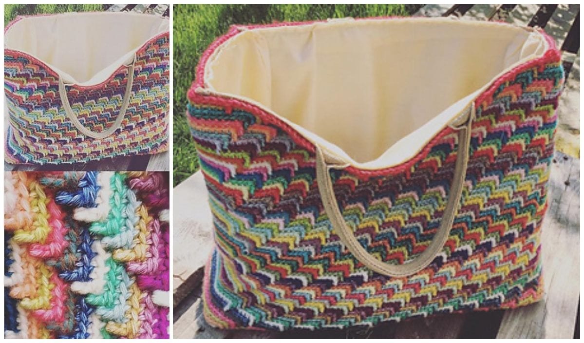 Colorful crocheted bag with a zigzag crochet pattern, cream interior, and handles. Close-ups show detailed multicolored stitching.