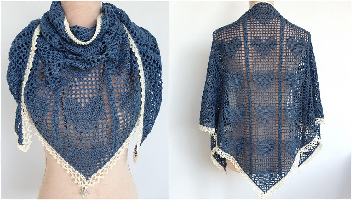 Two views of a blue crocheted shawl with white edging, displayed on a mannequin, beautifully showcasing the intricate crochet pattern.