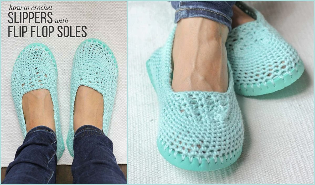 Crocheted slip-on slippers with teal flip-flop soles are worn by a person in jeans, shown from above and side angles.