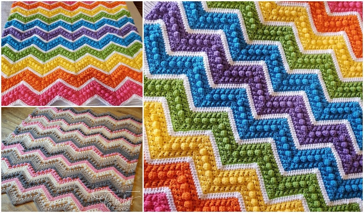 Three colorful crochet blankets with zigzag patterns in various bright shades, perfect as a baby blanket or for anyone who loves vibrant coziness. Discover the warmth of homemade charm with a free crochet pattern that feels like hugs & kisses knitted into every stitch.