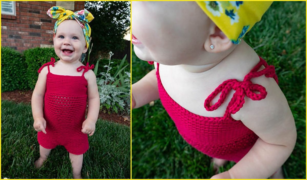 A toddler wearing a red crochet romper featuring a charming pattern and a yellow headscarf with a floral design smiles while standing outside on the grass.