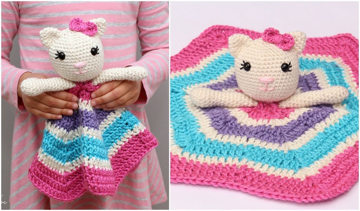 The child clutches a Kitty Lovey, a crocheted cat-shaped security blanket in a vibrant pink, purple, and blue pattern. A close-up on the right reveals the intricate crochet pattern laid flat.