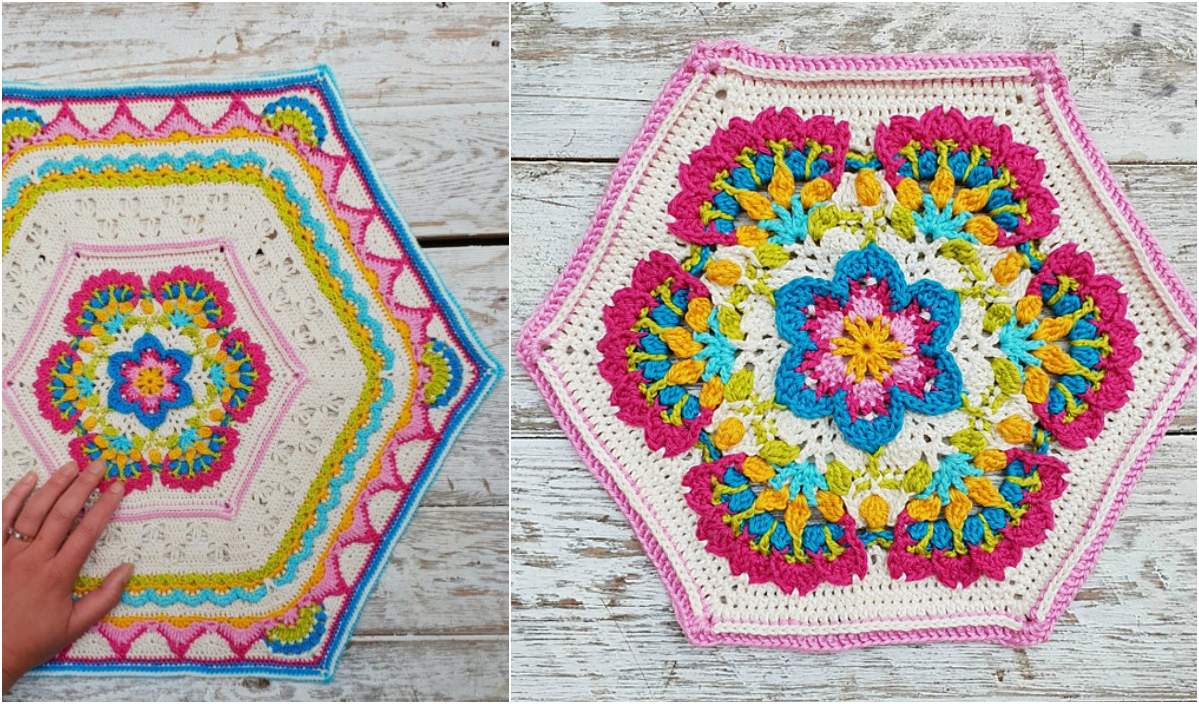 Two colorful, hexagonal crochet mandalas on a wooden surface showcase the beauty of Mary's Memory Afghan Block design, with a hand gently touching the left one.