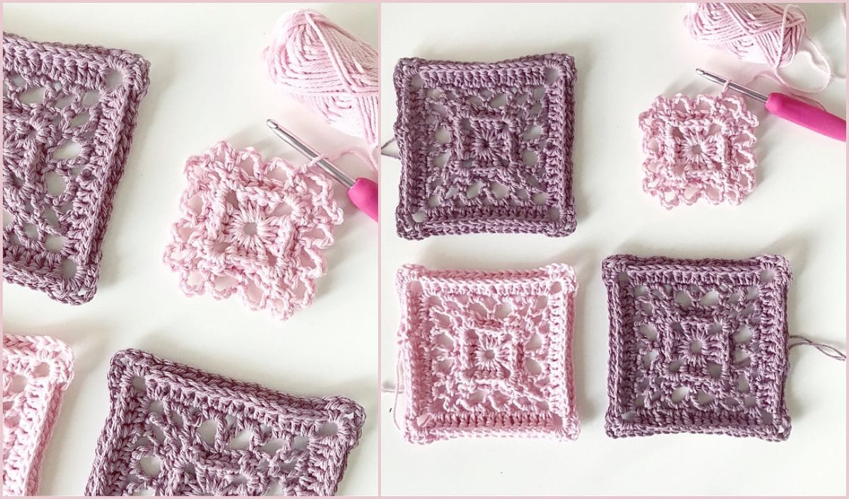 Crochet squares in shades of pink and purple, paired with hooks and yarn balls, lay artfully on a white surface, hinting at a dreamy crochet pattern.