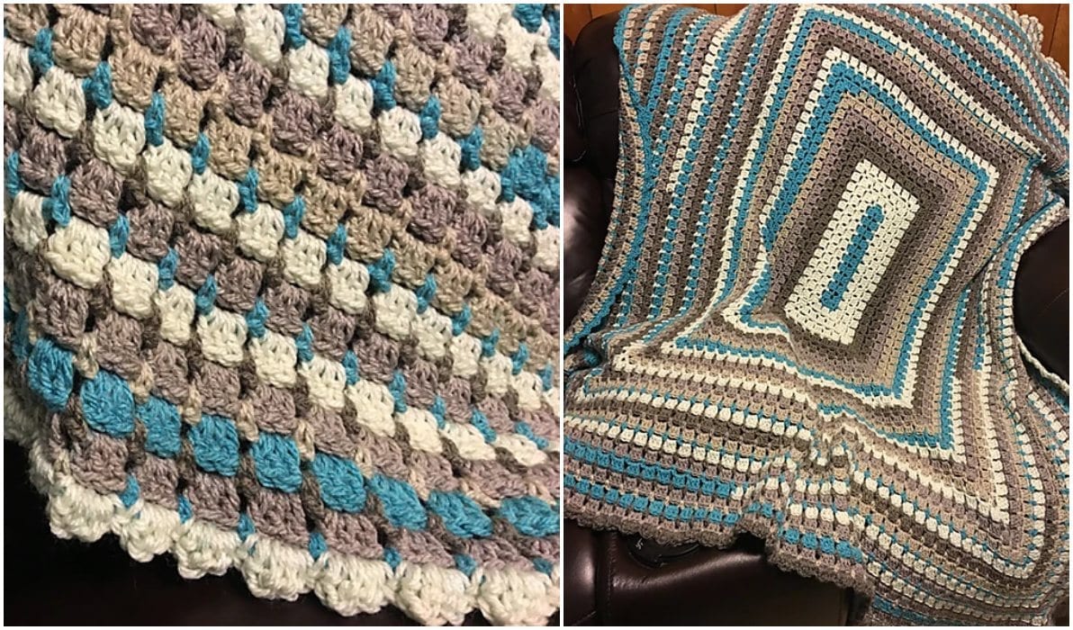 Two images of crocheted blankets. The left shows a close-up with blue, brown, and cream squares reminiscent of a classic Granny Blanket, while the right displays a full blanket featuring a geometric pattern in similar colors. Both evoke cozy charm perfect for any crochet enthusiast.